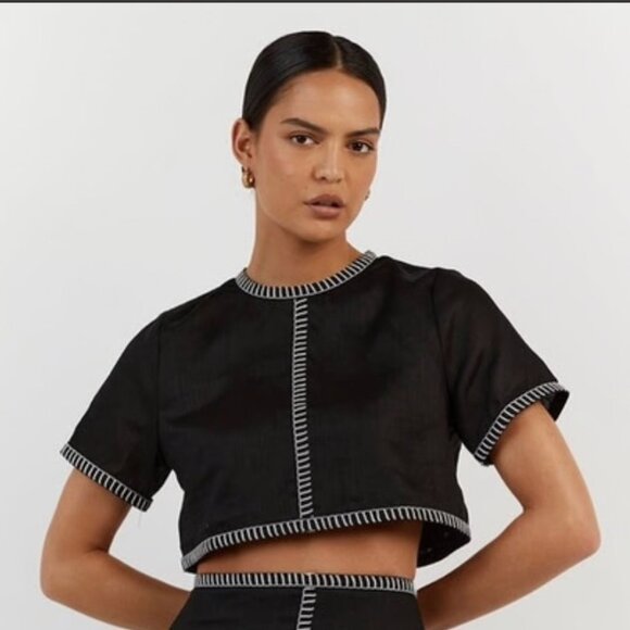 Magashoni Short Sleeve 100% Linen Green Crop Top Cyan Blanket Stitching Med NWT - Picture 8 of 8